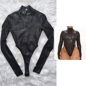 Fashion Nova Shimmer of the Night High Cut Bodysuit - Black